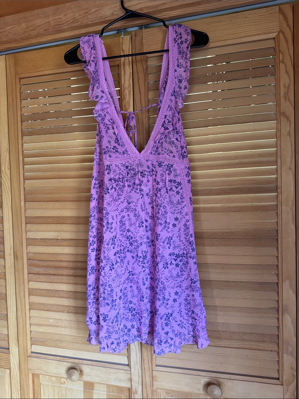 Free People-Lavender Floral Lace-Trim Nightdress